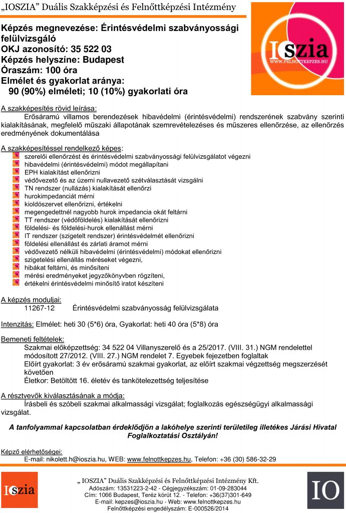 Érintésvédelmi szabványossági felülvizsgáló - budapest IOSZIA felnőttképzés